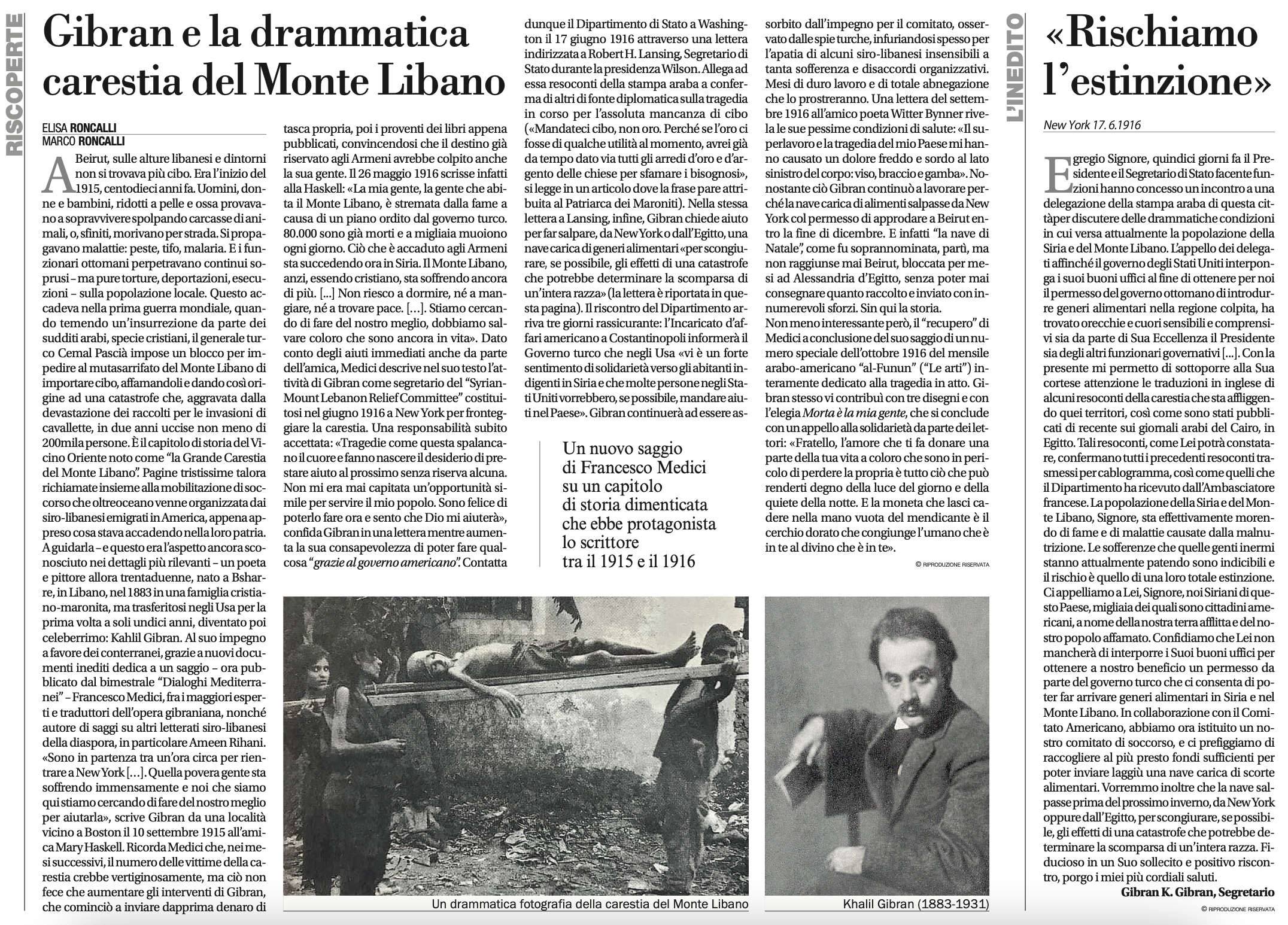 Elisa Roncalli - Marco Roncalli, "Gibran e la drammatica carestia del Monte Libano" (Gibran and the Dramatic Famine of Mt. Lebanon), Avvenire, Feb 8 2025, p. 19.